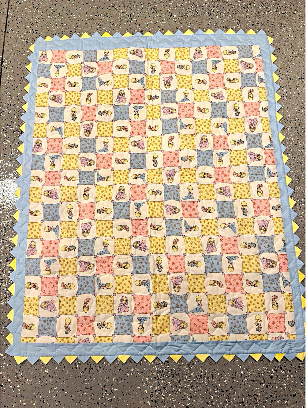 Vintage 1980s Precious Moments Baby Quilt Blanket Angels Clouds handmade